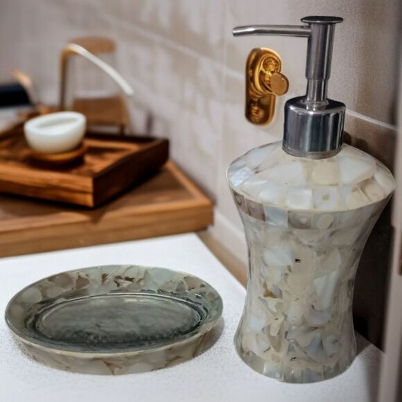 Capiz Shell Mosaic Soap Dispenser Set Of 2 Dish Mother Of Pearl Glass Bathroom.  - Picture 1 of 16